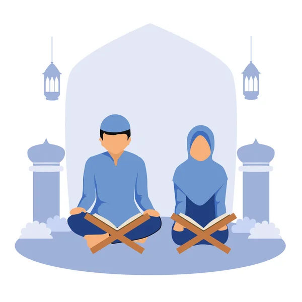 Muslimisches Paar Mit Moschee Vektorillustration — Stockvektor