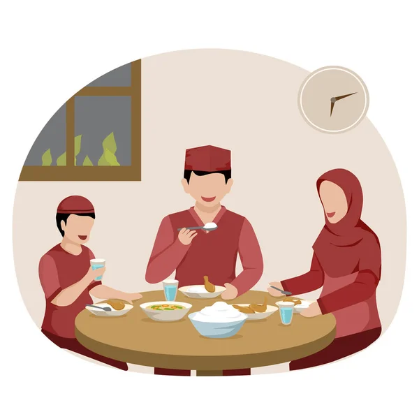 Muslimische Familie Beim Gemeinsamen Essen Vektorillustration — Stockvektor