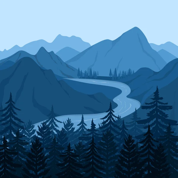 Vector Illustration Mountain Landscape Trees River Hills Mountains Forest — Stock Vector