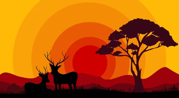 Vector Silhouette Deer Wildlife Sunset — Stock Vector