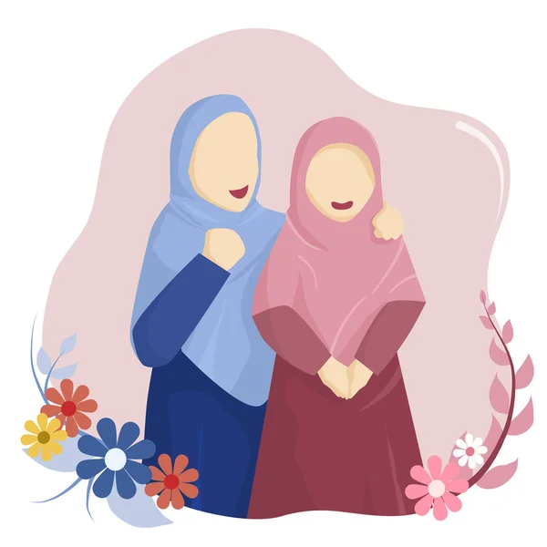 Junge Glückliche Muslimische Frauen Und Blumen — Stockvektor
