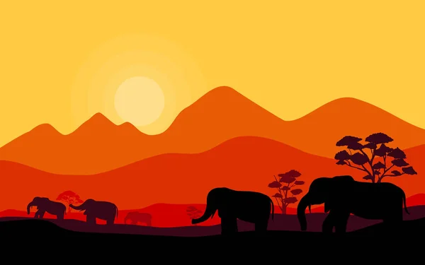 Silhouettes Elephants Wildlife Sunset — Stock Vector