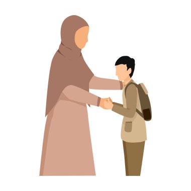 Çocuğu olan Müslüman bir kadın, tokalaşan bir illüstrasyon, çocuğun annesinin elini sıkması.