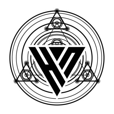 Beyaz arkaplanda izole edilmiş kutsal geometrik süslemeleri olan üçgen şekilli tasarım şablonlu monogram harf logosu