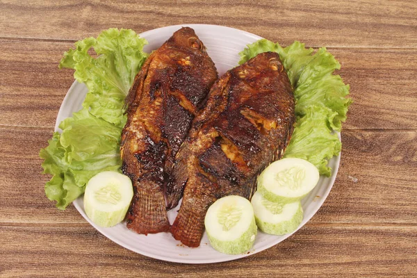 Plate Grilled Fish Vegetables — Stock Photo, Image