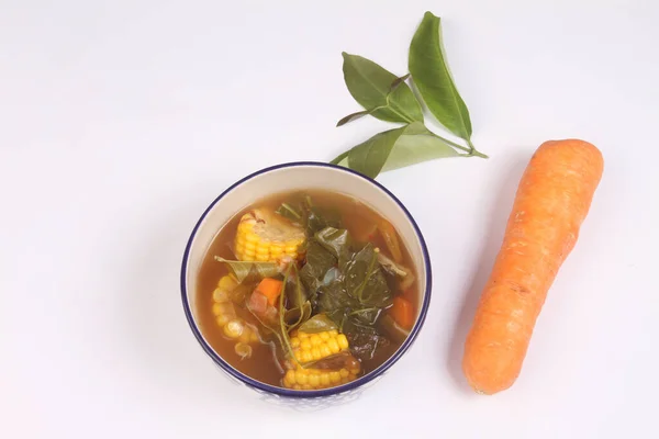 Vegetable Soup Carrots Corn Corn Parsley White Background — Stock Photo, Image