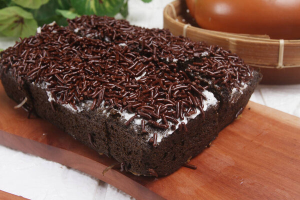 chocolate brownies on table.