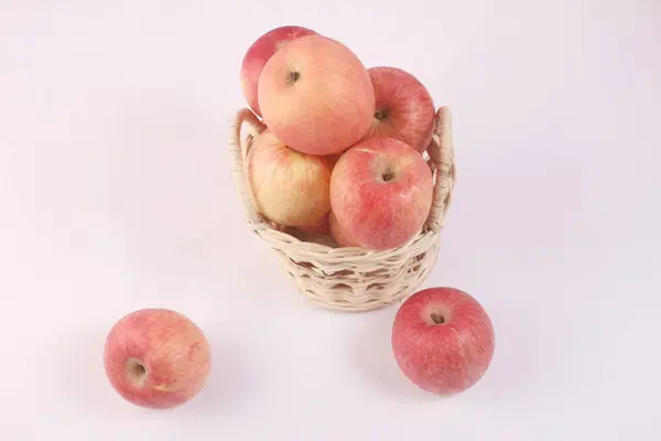 Red Apples Wicker Basket Isolated White Background — Stock Photo, Image