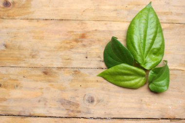 Tahta arka planda taze betel yaprakları.