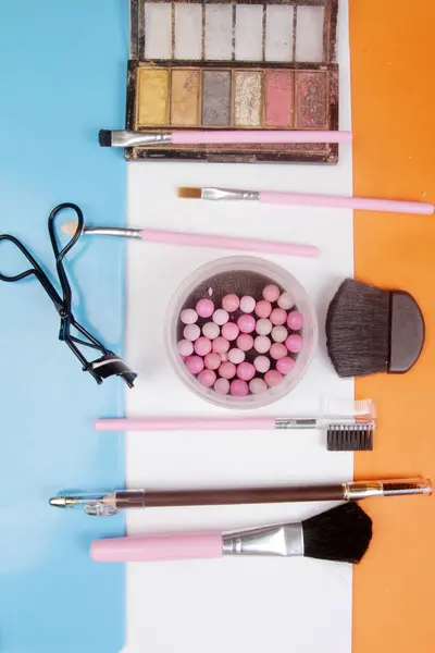 Make Brushes Makeup Cosmetics Pink Background Top View — Stock Photo, Image