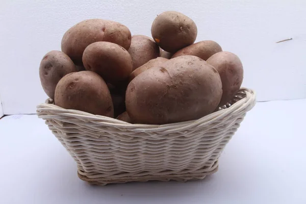 Fresh Potatoes Basket Wooden Background — Stock Photo, Image