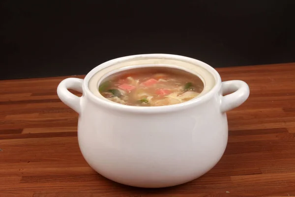 Uma Tigela Sopa Creme Frango Quente Com Legumes Alimentos Caseiros — Fotografia de Stock