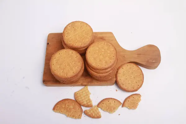 Biscuits Dans Une Assiette Avec Une Cuillère Sur Fond Blanc — Photo