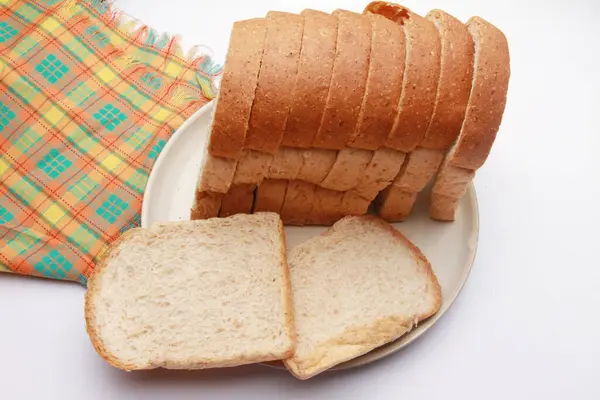 Plátky Chleba Nůž Talíři — Stock fotografie