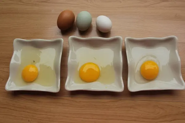 Drie Verschillende Gekleurde Eieren Liggen Een Bord — Stockfoto