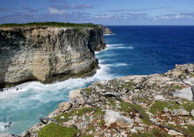 Grande Terre 'nin kayalıkları. Fransız Batı Hint Adaları 'nda Guadeloupe' un manzarası.