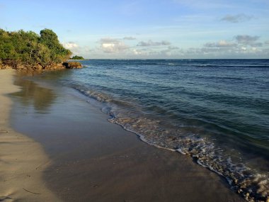 Saint Anne 'deki Bois Jolan plajı, Grande Terre, Guadeloupe. Idyllic ıssız plaj manzarası güneşli havada deniz dalgaları ve mavi gökyüzü