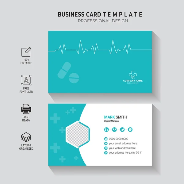 专业医生健康护理名片设计 简单的企业水平模板 — 图库矢量图片