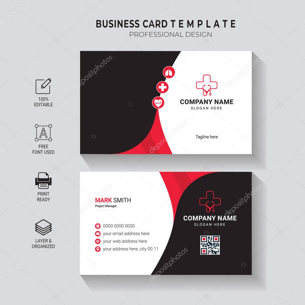 Professional Medical Doctor Healthcare Business Card Design - Double-Sided, Clean and Simple Corporate Horizontal Template