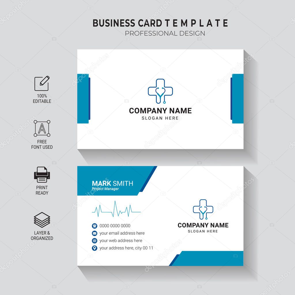 Professional Medical Doctor Healthcare Business Card Design - Double-Sided, Clean and Simple Corporate Horizontal Template