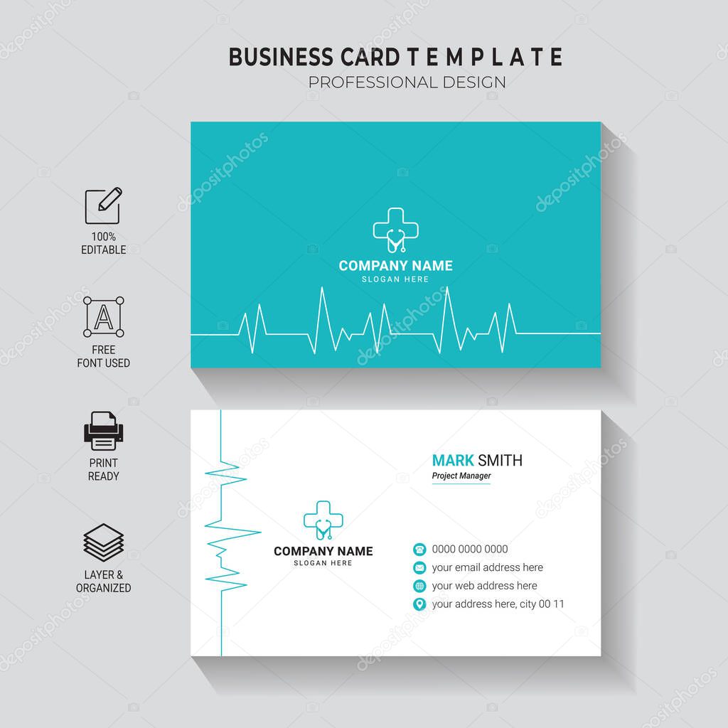 Professional Medical Doctor Healthcare Business Card Design - Double-Sided, Clean and Simple Corporate Horizontal Template