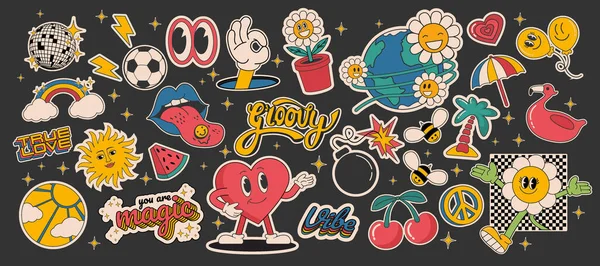 Cartoon groovy stickers 70s. Cute retro characters. Hippie style, set cute labels. Isolated on black background