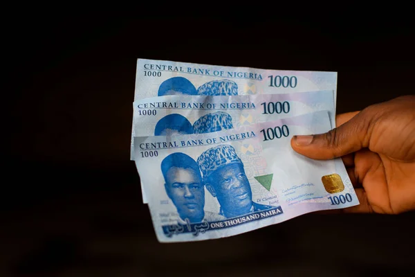 Mano Sosteniendo Dinero Billetes Moneda Nigeriana África — Foto de Stock