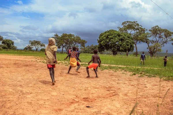 Lagos Nigeria March 2023 African Children Playing Football Sandy Field — Stock Photo, Image