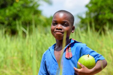 Abuja, Nijerya - 12 Haziran 2023: Yeşil çimlerin üzerinde poz veren Afrikalı şirin bir çocuğun portresi