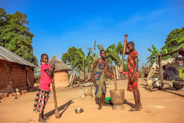 ナイジェリア 2021年3月6日 ナイジェリアの村で大きな臼と杵を使うアフリカの女性 — ストック写真