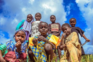 Plato Eyaleti - 6 Ekim 2022: Afrikalı Çocuklar. Yerel Afrikalı Çocuklarla Güneşli Mavi Gökyüzü Ortamı Altında Anlar.