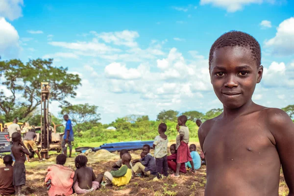 stock image Jos East, Plateau State, Nigeria - May 12, 2021: Portrait of happy african boy over blue sky background