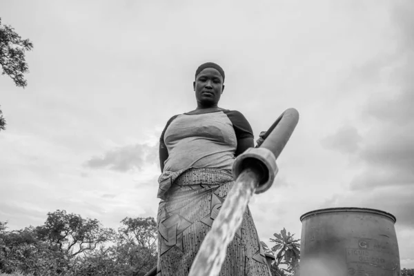 ナイジェリアのアブジャ 2022年10月8日 アフリカの女性が水を採取 アフリカ共同体におけるきれいな水の解決 バケツの中の幸せなアフリカ人の採水水 — ストック写真