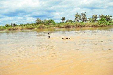 Delta State, Nijerya - 9 Aralık 2021: Nehirde kirli suyla yüzen Afrikalı erkekler, Nijerya