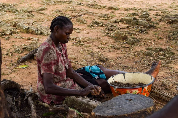 stock image Opialu, Benue State - March 6, 2021: African Woman sorting Palm Kernel Seeds for Processing on a hot afternoon