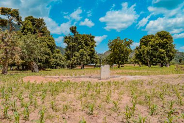 Karara, Nasarawa Eyaleti, Nijerya - 5 Mayıs 2021: Afrika 'da Kırsal Toplulukta Yeni Yapılan Hint El Pompası Borewell. Bir Topluluk Su Deliği 'nden Akan Su