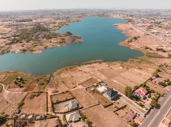 Establishment Drone Shot African Highway City Centre Natural Lake Town — Stock Photo, Image