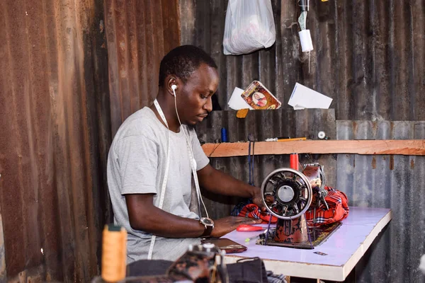 stock image Jos, Plateau State - April 21, 2021: African Tailor Sewing at workshop