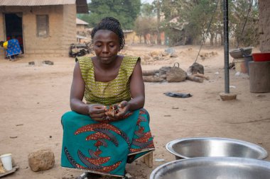 Opialu, Benue State - 6 Mart 2021: Geleneksel Giyinen Afrikalı Kadın Palm Kernel Tohumlarını İşleme İçin Sıraladı