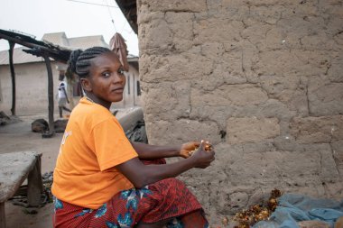 Opialu, Benue State - 6 Mart 2021: Turuncu tişört giyen Afrikalı Kadın Palm Kernel Tohumlarını İşlem İçin Sıraladı