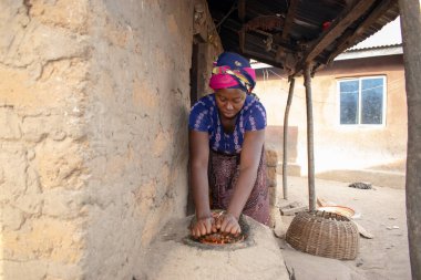 Opialu, Benue State - 6 Mart 2021: Afrikalı Kadın Çamur Evi 'nin yakınındaki Kavun ezmek için Yerel Öğütme Değirmeni' ni (Stone) kullanıyor.