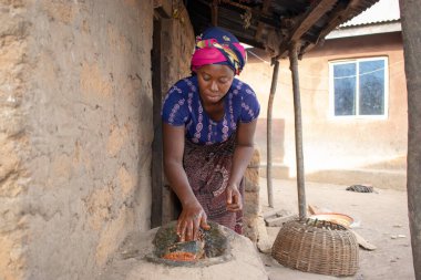 Opialu, Benue State - 6 Mart 2021: Afrikalı Kadın Çamur Evi 'nin yakınındaki Kavun ezmek için Yerel Öğütme Değirmeni' ni (Stone) kullanıyor.