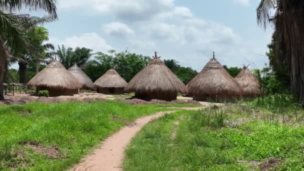 プラトー州ジョスイースト2021年5月12日 アフリカのわら小屋で美しい田園風景の空中ドローンビュー — ストック動画