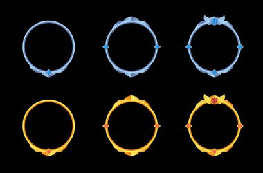 Rpg oyun avatarları için kolleksiyon çemberi altın ve gümüş çerçevelerini ayarlayın, ortaçağ tarzında değerli taşlar içeren sınır oyunu