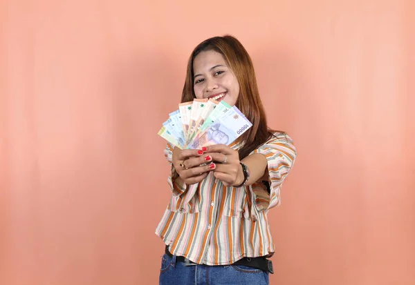 Happy Young Woman Wearing Striped Dress Brown Hair Holding Cash — Stock Photo, Image
