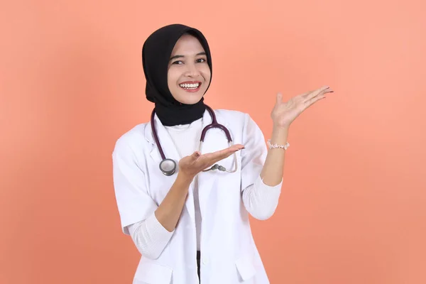 Beautiful Female Asian Muslim Doctor White Coat Stethoscope Waist Showing Royalty Free Stock Photos