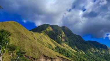 Görkemli Dağ Tepeleri, Önplanda yemyeşil yamaçları olan canlı mavi gökyüzüne karşı dramatik bir şekilde yükseliyor.