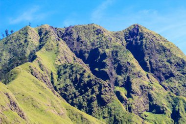 Anak Dara Tepesi, Lombok Endonezya aralığı ve açık mavi bir gökyüzü. Dağlar yeşil çimlerle ve ağaçlarla kaplıdır.