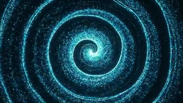 黒い背景に浮遊粒子が付いているスパイラル光沢のある青い渦 フィボナッチスパイラル形成粒子 4Kビデオ — ストック動画