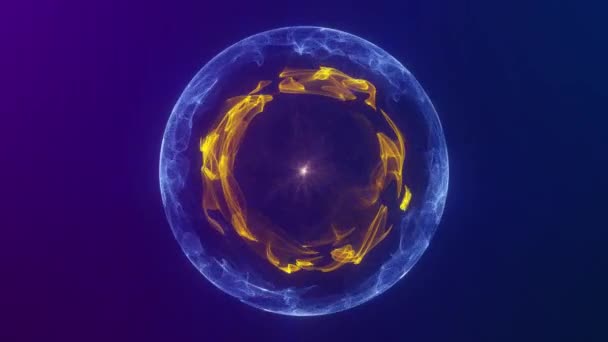 黄色の中心が付いている抽象的な未来的な流れる青い血漿球 滑らかな流れる粒子 魔法の球 抽象的な背景 4K良質 60Fpsが付いている抽象的な円 — ストック動画